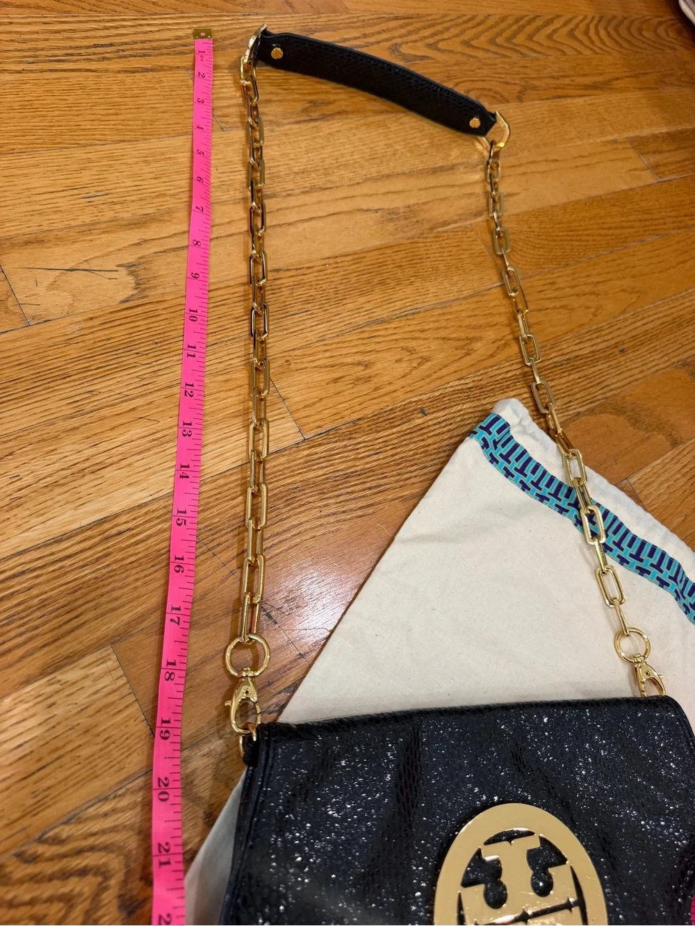 Tory Burch Reva Black Snake Embossed Clutch Crossbody Gold Chain